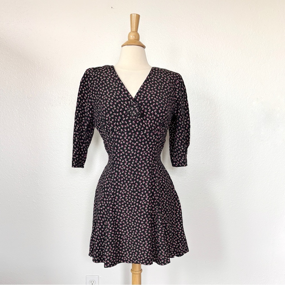 Vintage 80s Floral Black V-Neck Dress